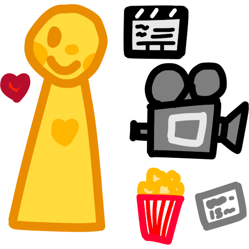 a simple yellow person smiling with a small heart in their left. On their right is a Hollywood clapper board, old fashioned movie camera, popcorn bucket and a movie ticket.